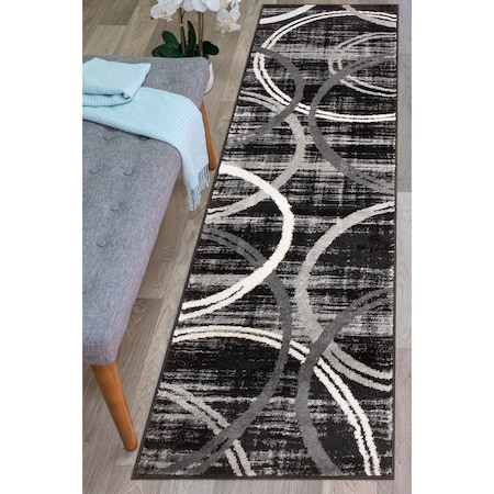 World Rug Gallery Modern Wavy Circles Design 2' x 7'2'' Black 377BLACK2X7